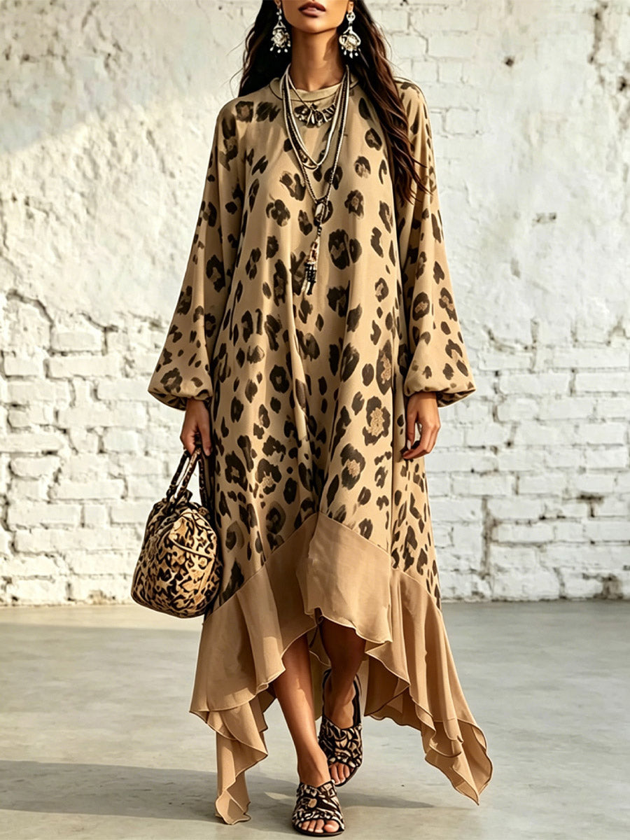 Damen Kleid mit Leopardenmuster, locker, künstlerisch, lässig und stilvoll, mit langen Ärmeln
