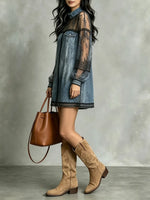 Damen Mini-Kleid aus schwarzer Spitze mit Patchwork-Jeans und langen Ärmeln