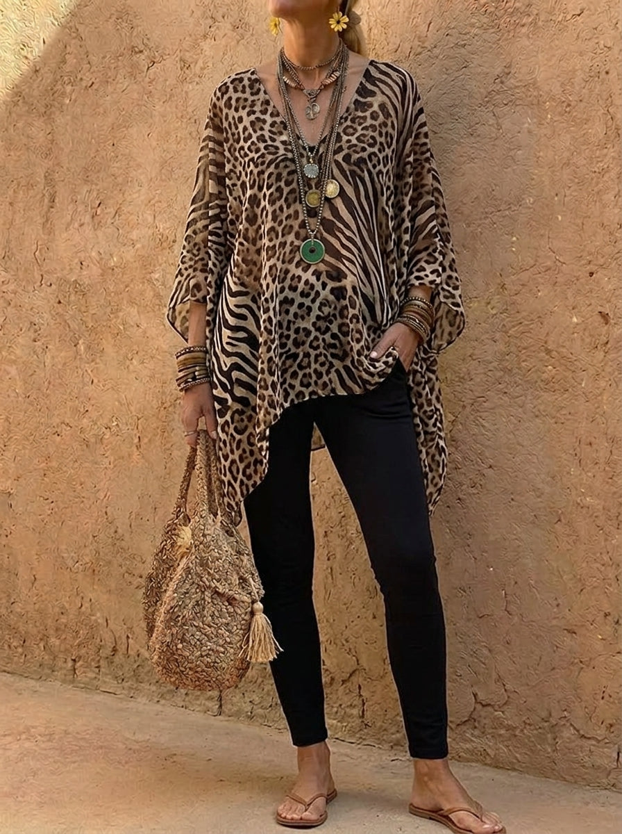 Top poncho para mujer con estampado animal y escote en V