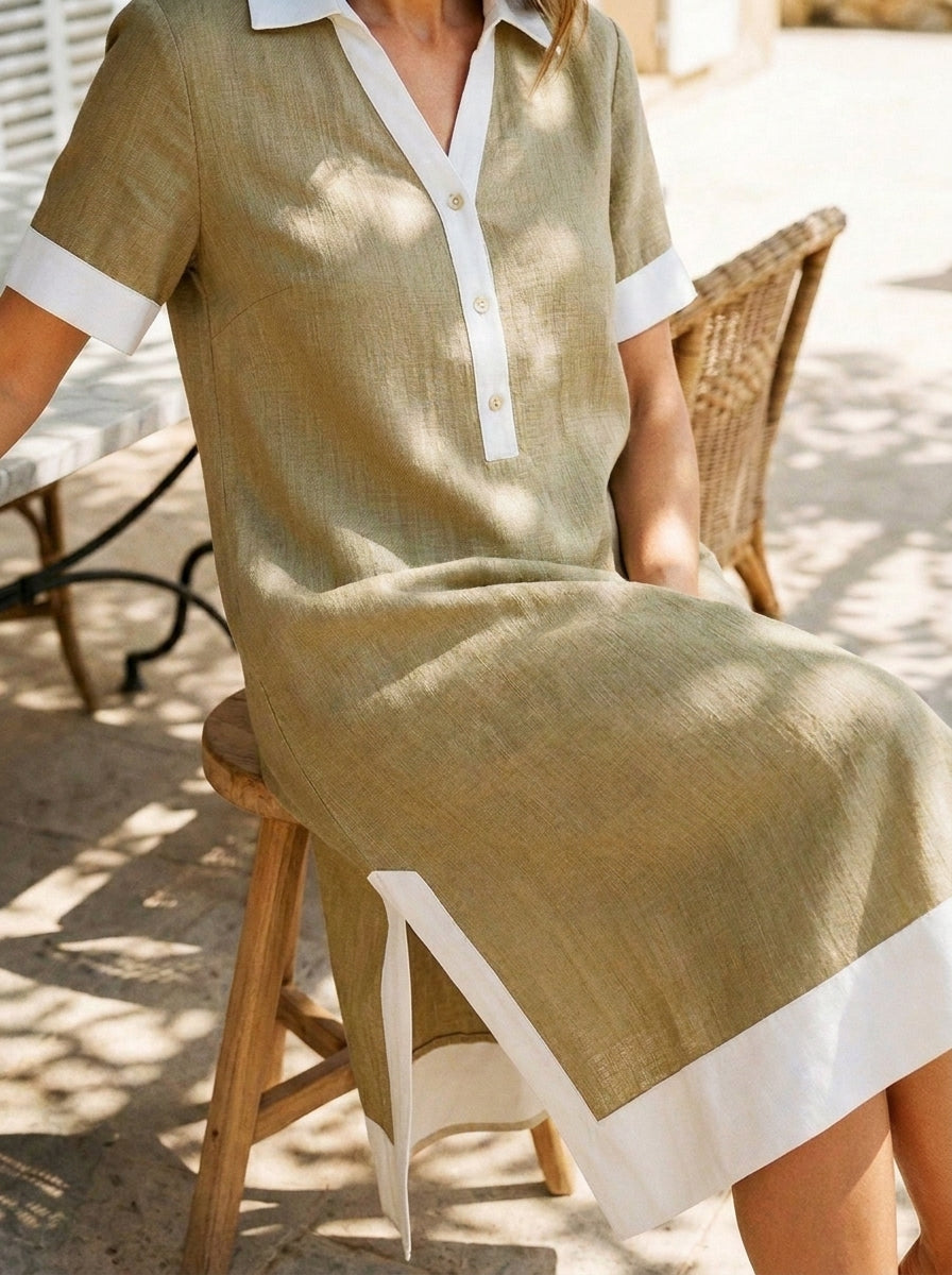 Robe chemise midi en coton-lin à col bicolore, demi-boutons, fente latérale et poches pour femmes
