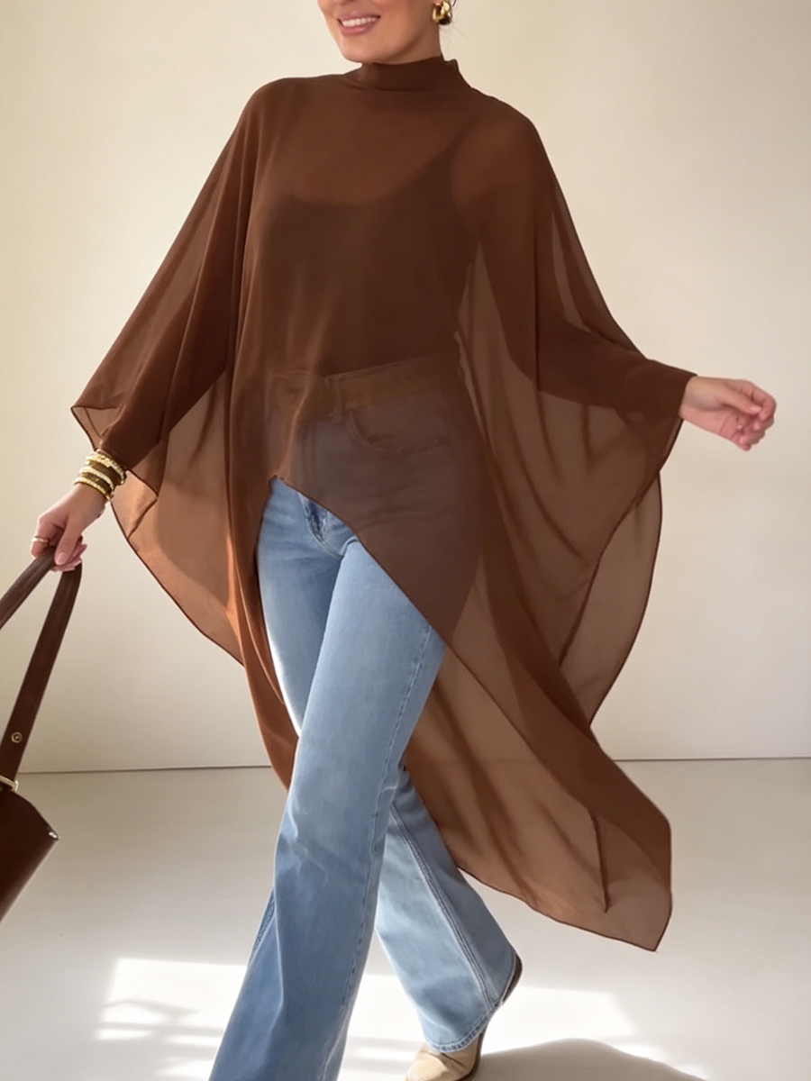 Elegantes Chiffon-Cape-Top mit asymmetrischem Stehkragen