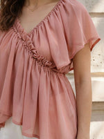 Blusa peplum de gasa para mujer con volantes, escote en V y mangas cortas con vuelo