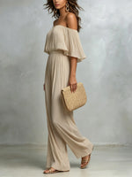 Damen Jumpsuit mit Plisseefalten, schulterfrei und weitem Bein