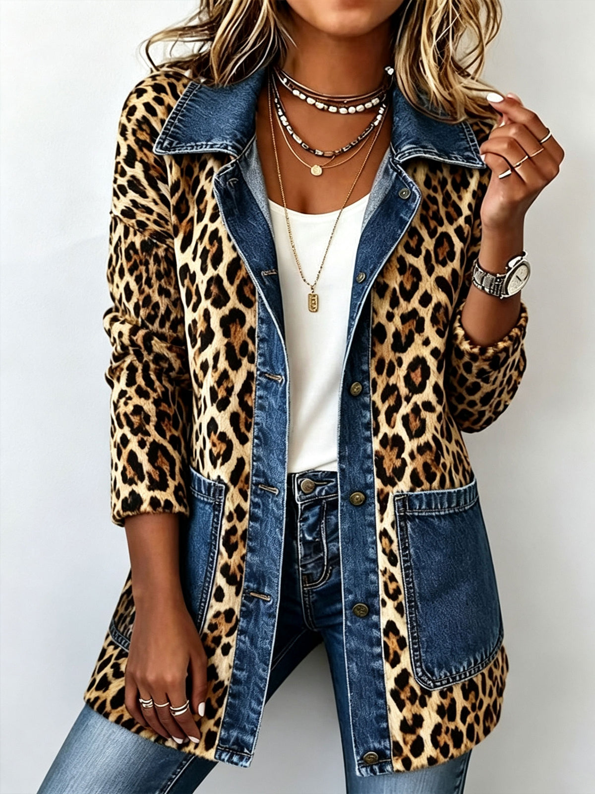 Damenjacke im Shacket-Stil mit Leopardenmuster, Patchwork-Design, Jeansstoff, Reverskragen und Knopfleiste