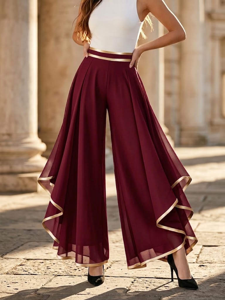Stilvolle, goldverzierte, fließende Chiffonhose
