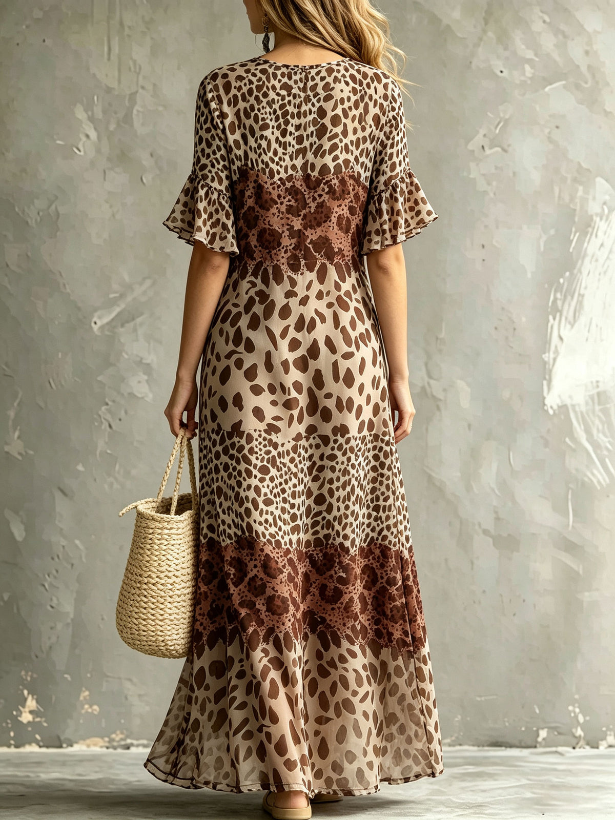 Robe maxi pour femme à manches courtes avec volants, imprimé léopard en dégradé et poches