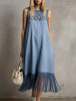 Damen Häkelkleid mit hohlem Muster, einfarbig, Quasten, ärmellos, Midi-Länge