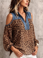 Camicia casual in chiffon con pannelli in denim e stampa leopardata
