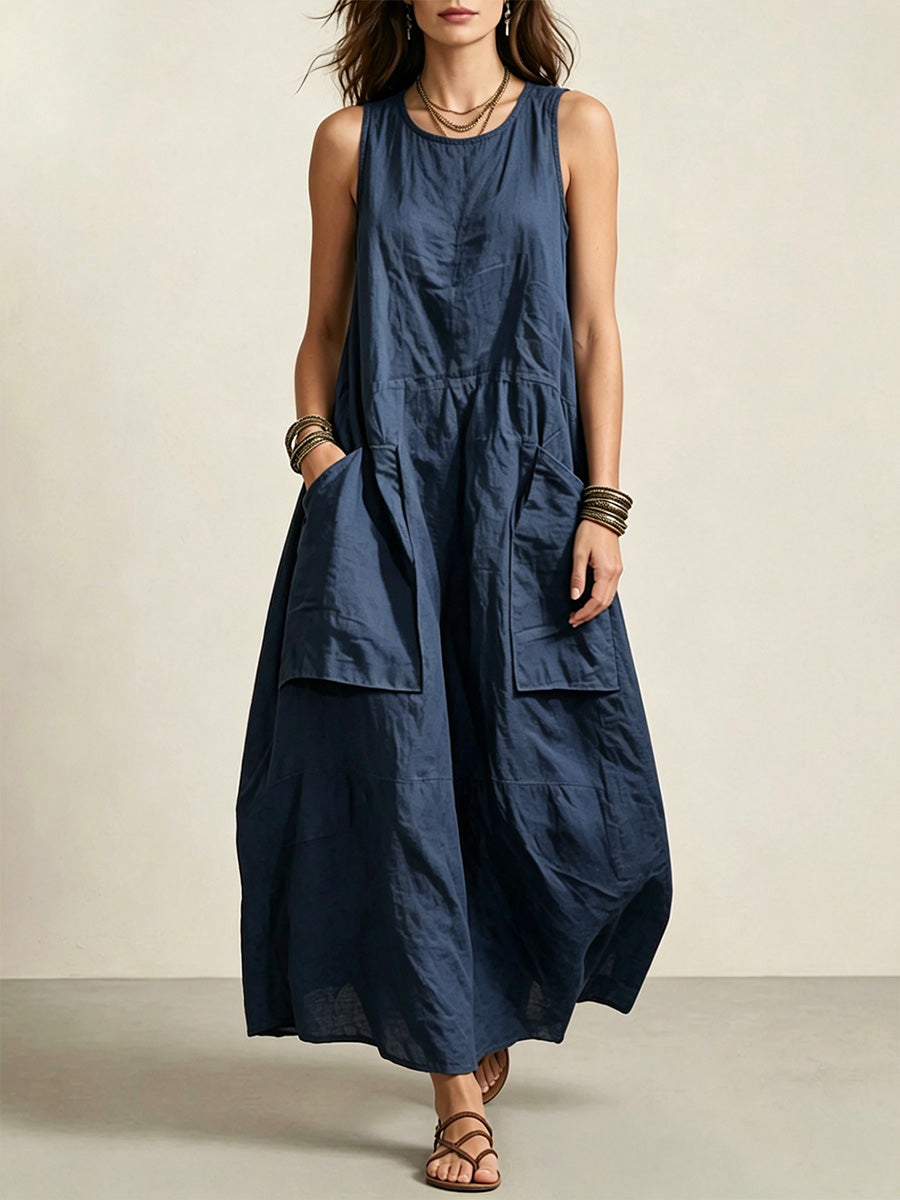 Vestido folgado sem mangas em algodão-linho com bolsos 3D