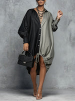 Damen Midi-Kleid mit Kordelzug, zweifarbigem Color-Block, Schlitz und oversized Schnitt