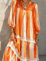 Robe maxi décontractée pour femme, rayée, ample, style artistique, col en V, manches 3/4, élégante