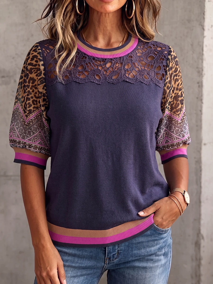 Vintage eleganter Patchwork-Pullover aus Leoparden-Cut-Out-Spitze und Chiffon