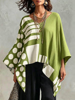 Top casual da donna in cotone e lino, scollo a V, maniche 3/4, stampa a pois e geometrica, vestibilità ampia