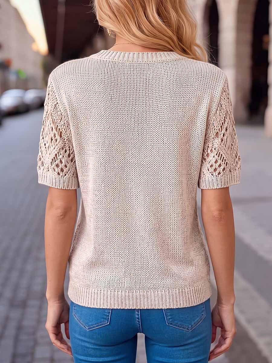 Damen Pullover in Uni-Farbe mit V-Ausschnitt, kurzen Ärmeln, lässig und locker gestrickt