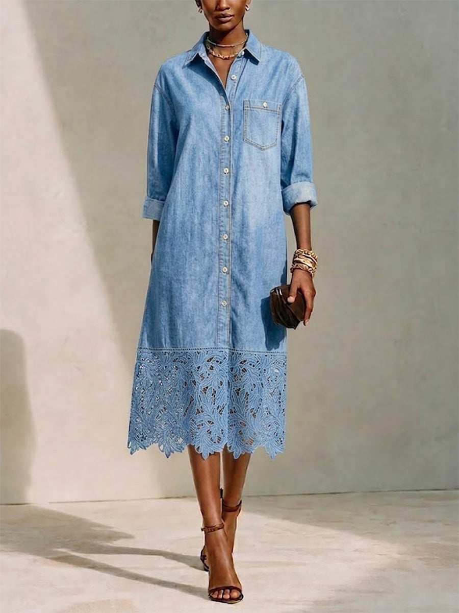 Vestido de corte recto con cuello estilo denim, cierre frontal completo con botones, bolsillos parche y detalles intrincados de encaje floral recortado de trabajo pesado.