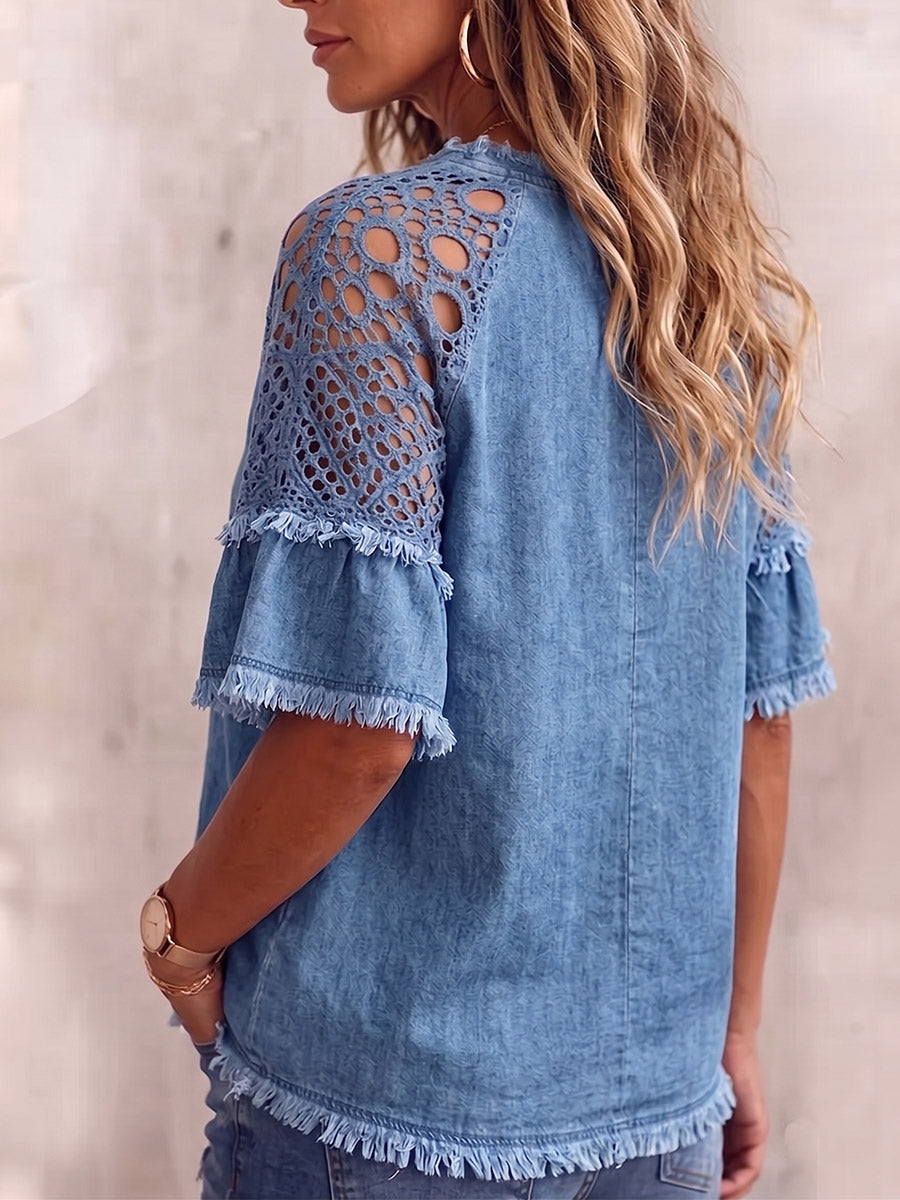 Camicia vintage elegante in denim con patchwork e pizzo traforato