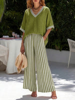 Completo casual due pezzi: top patchwork a righe in lino e cotone e pantaloni a righe