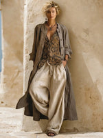 Set tre pezzi casual bohemien in lino e cotone con cardigan lungo, top senza maniche e pantaloni