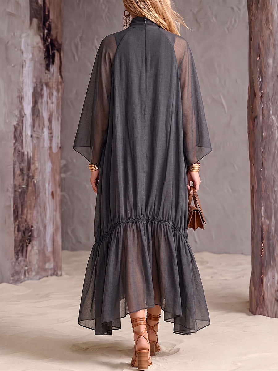 Women's Solid-color Stand-collar Long-sleeve Loose Casual Chiffon Dress