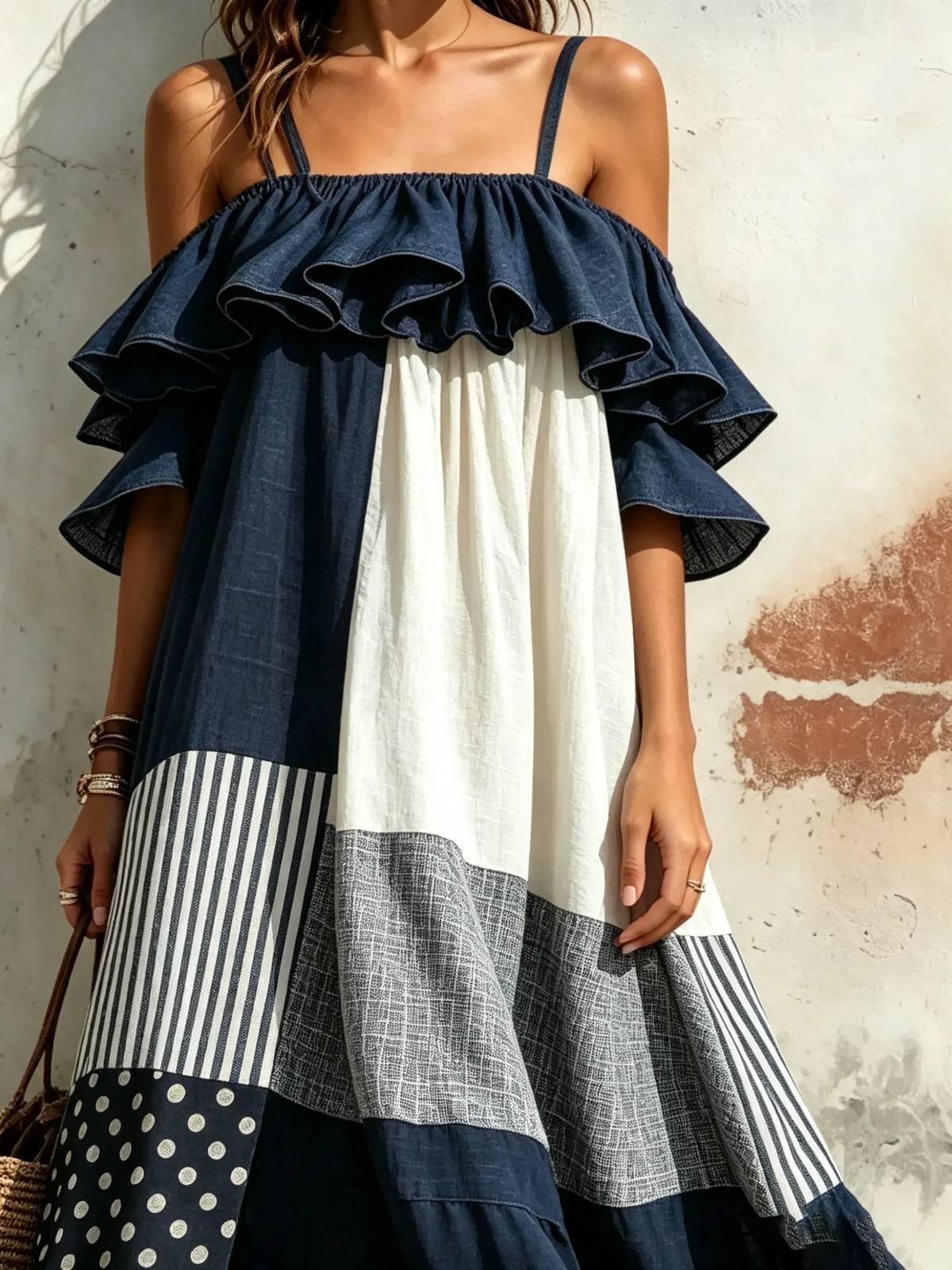 Maxikleid für Damen mit Polka-Dots, Streifen, Farbblock, Rüschen, schulterfrei und Spaghettiträgern