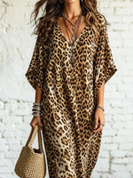 Vestido maxi casual de manga corta suelta con patrón de leopardo retro chic