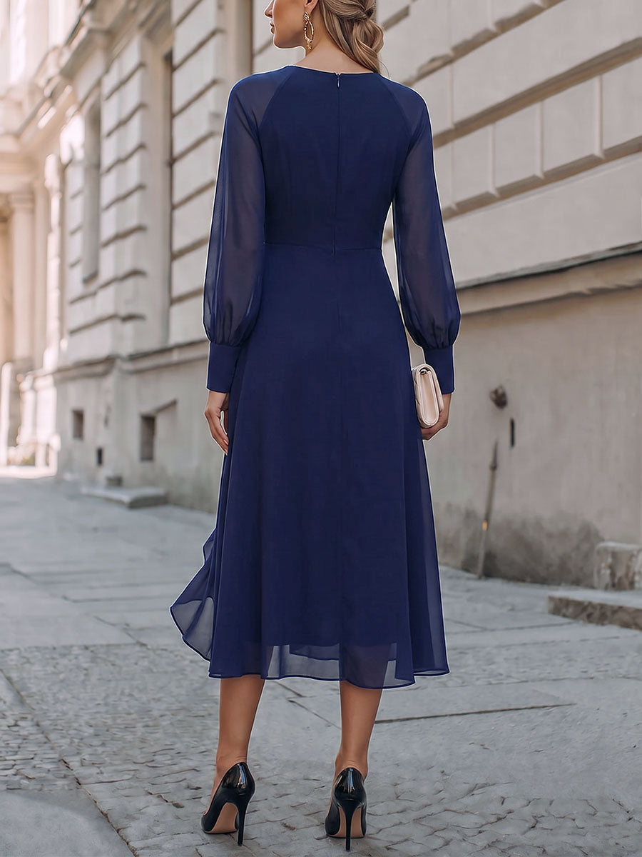Vestito casual da donna in chiffon, a tinta unita, con scollo a V, maniche lunghe e taglio ampio