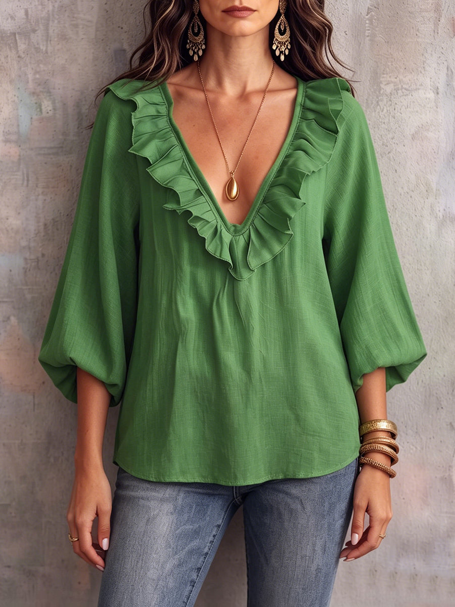 Chemise bohème à col à volants et manches bouffantes
