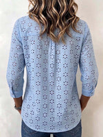 Women's Solid-color Collared 3/4 Sleeve Casual Loose Embroidered Cotton Shirt