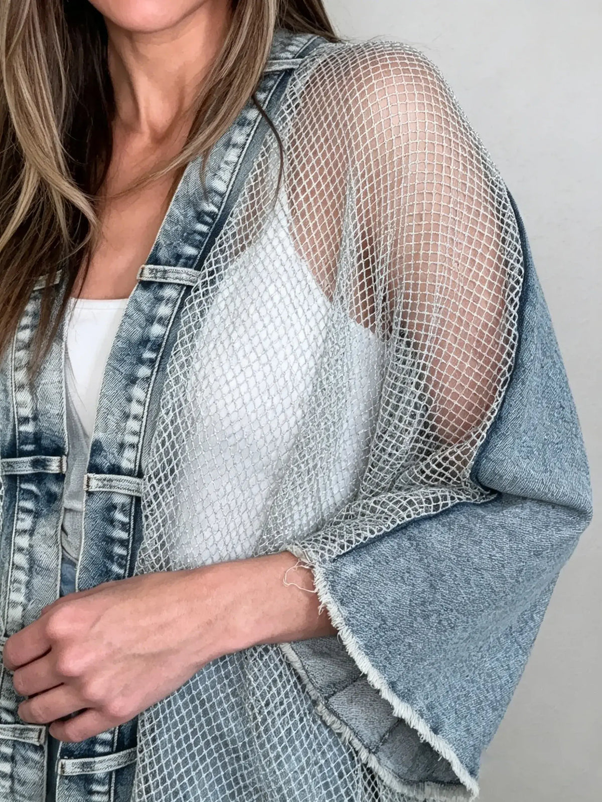 Damen Glitzernder Mesh-Denim-Kimono