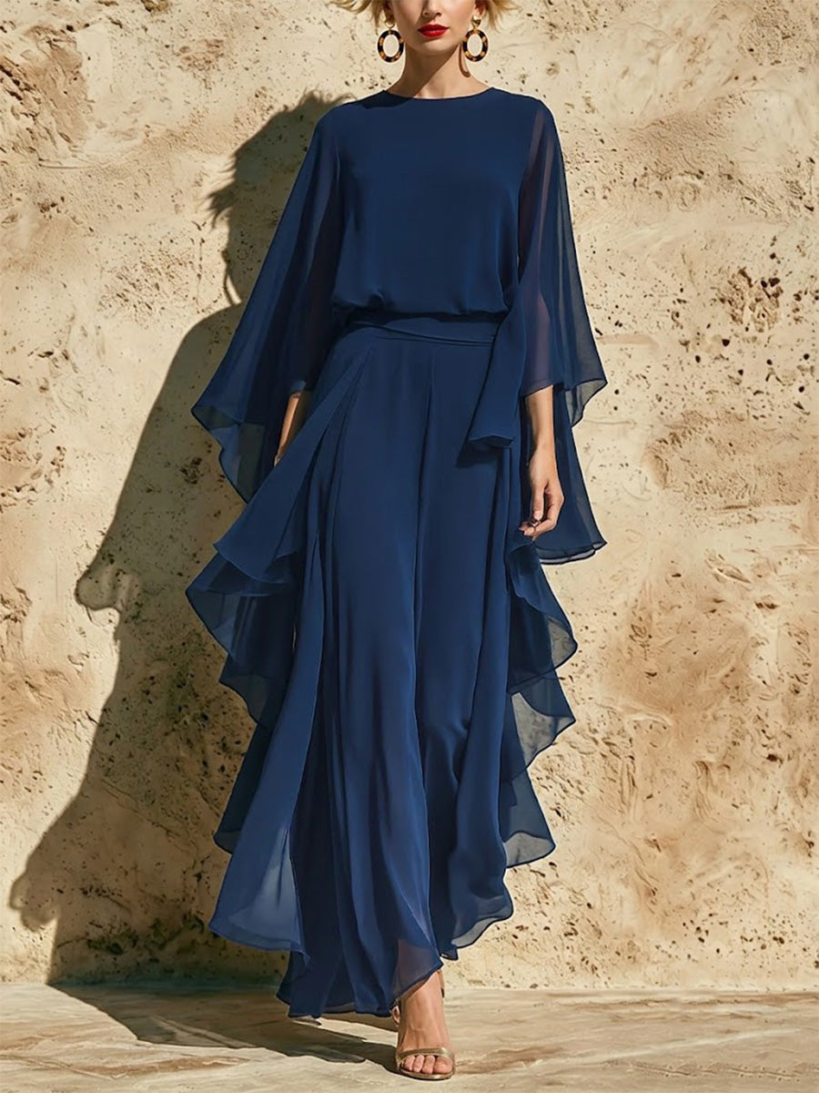 Chiffon Top And Straight-leg Trousers Set With Ruffle Details And Flared Sleeves