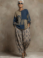 Completo due pezzi in lino e cotone con stampa paisley bohémien, composto da top e pantaloni