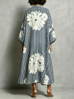 Damen Kleid mit gestreiftem Blumenmuster, lässig, stilvoll, langärmlig, aus Baumwoll-Leinen