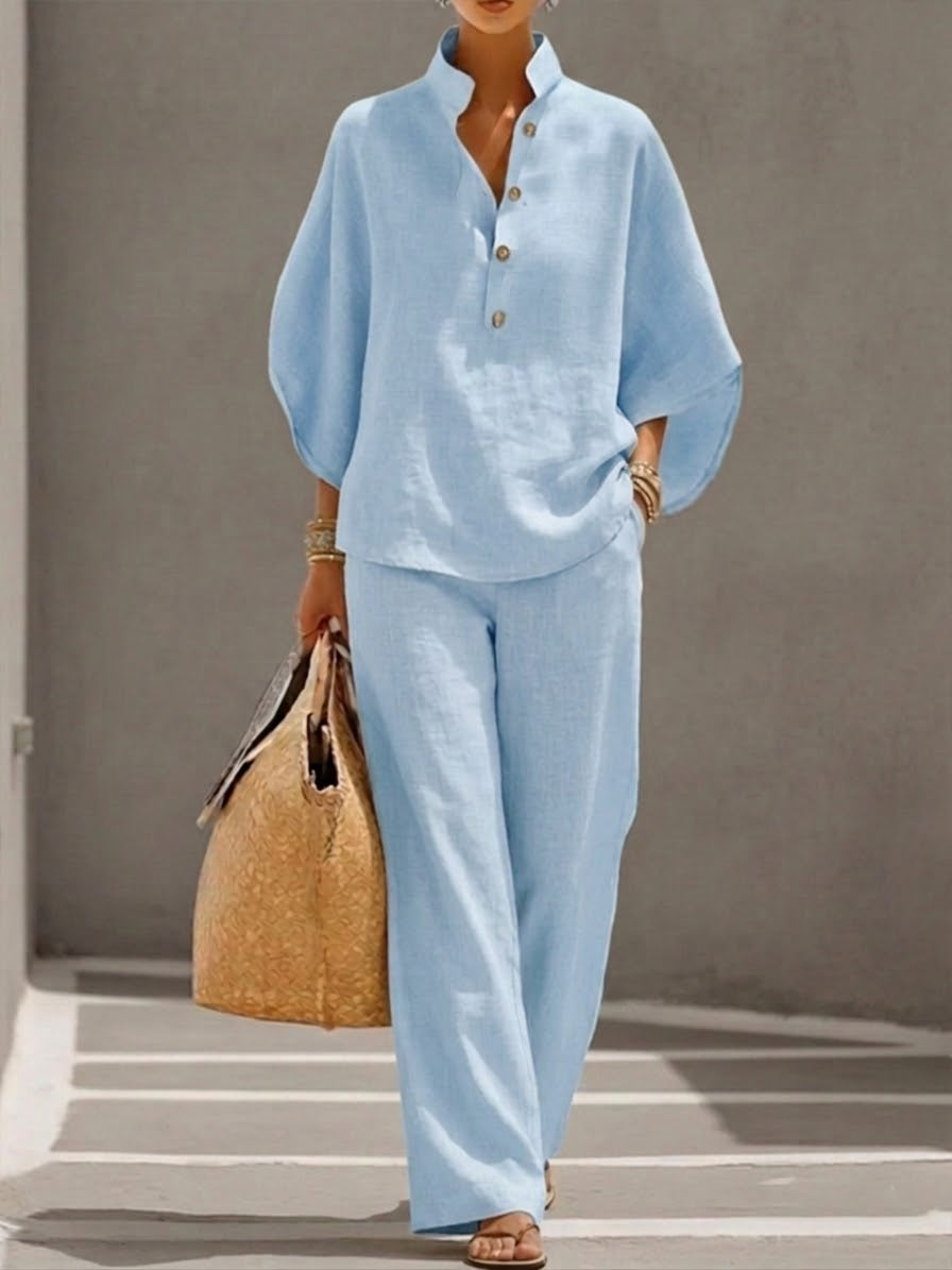 Completo casual due pezzi con camicia in lino e cotone a maniche a pipistrello e pantaloni