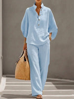 Completo casual due pezzi con camicia in lino e cotone a maniche a pipistrello e pantaloni