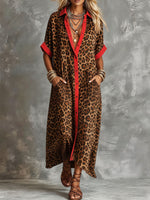 Damen Maxikleid mit kurzen Ärmeln aus Chiffon, Leopardenmuster mit rotem Besatz und Taschen