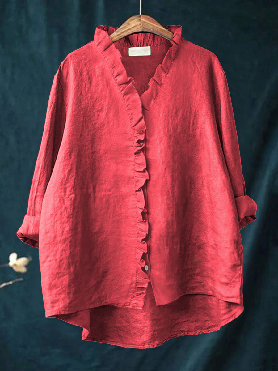 Blusa da donna in misto lino con scollo a V e volant