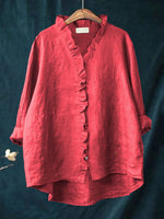Blusa da donna in misto lino con scollo a V e volant