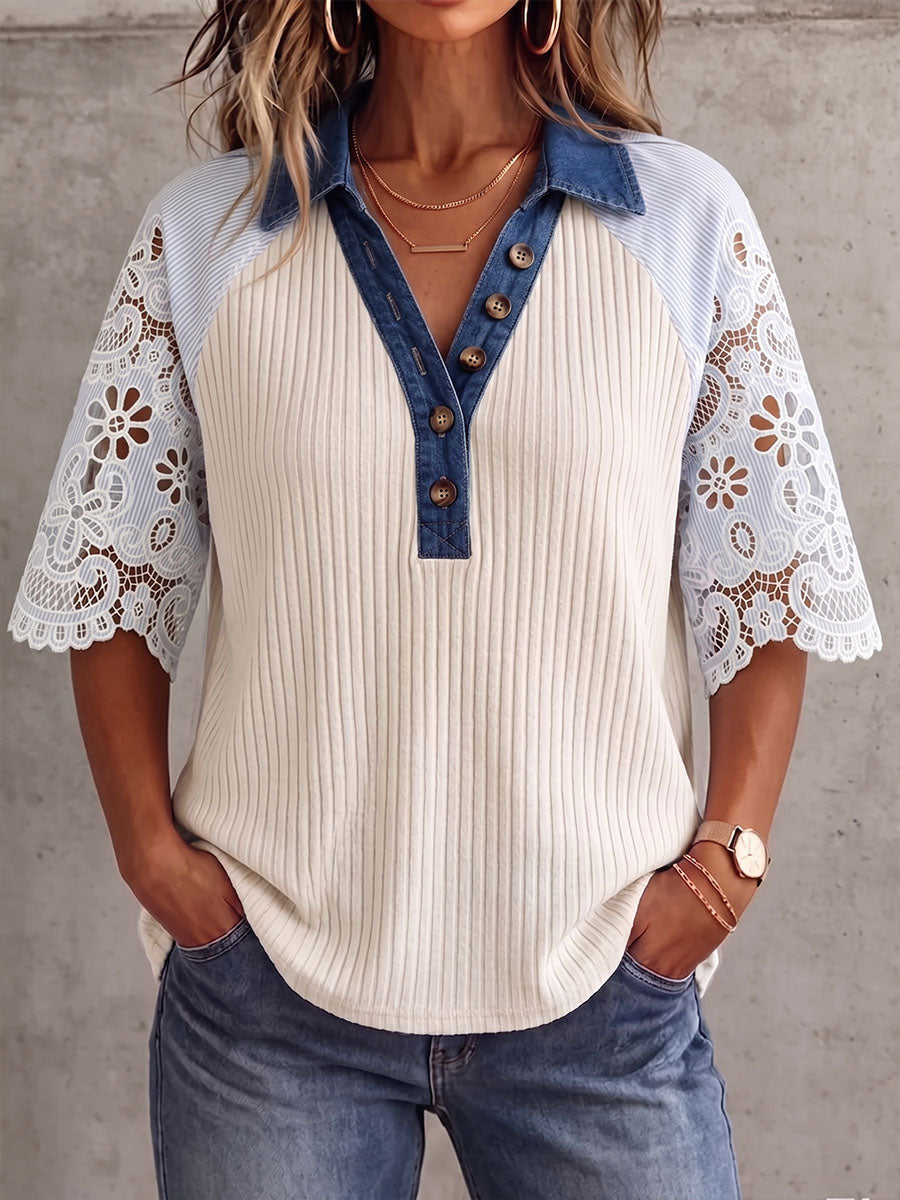 Camicia vintage elegante con maniche ritagliate, ricamo patchwork e lavorazione a maglia