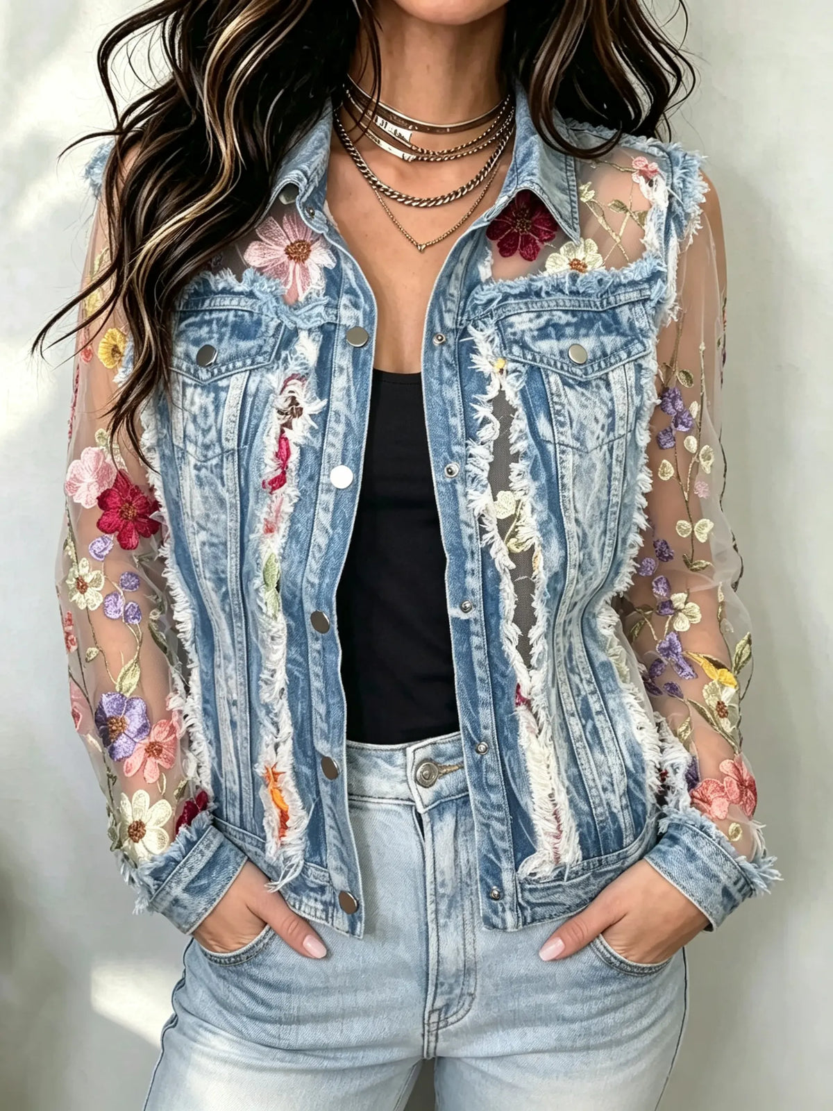 Damen Jeansjacke mit Blumen und Mesh-Einsätzen
