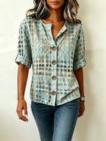 Camicia Henley in cotone e lino con stampa artistica a pois acquerellati