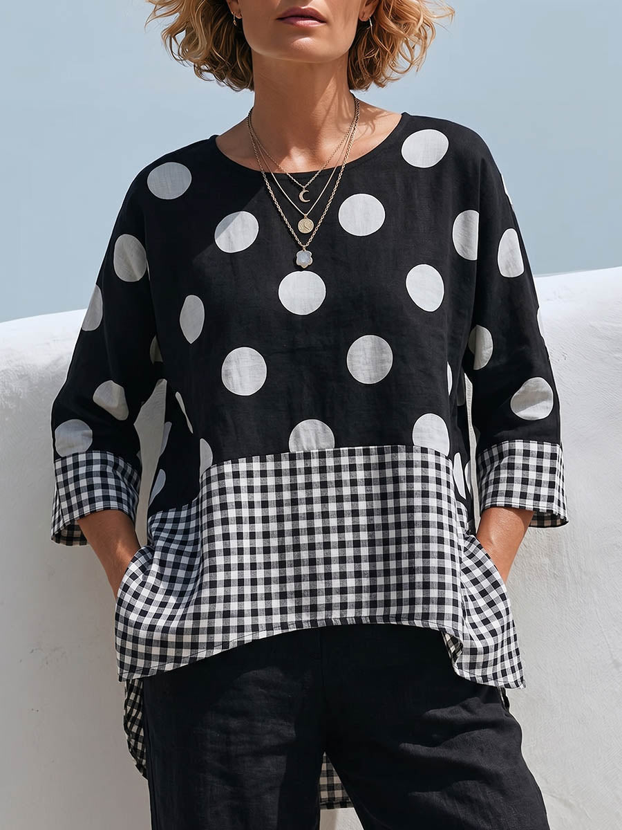 Damen Casual Lockeres Baumwoll-Leinen-Oberteil mit Polka-Dot- und Karomuster-Einsätzen, Rundhalsausschnitt und 3/4-Ärmeln