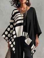 Top casual da donna in cotone e lino, scollo a V, maniche 3/4, stampa a pois e geometrica, vestibilità ampia