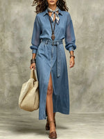 Damen Maxikleid aus Denim mit transparenten Ärmeln und Schlitz