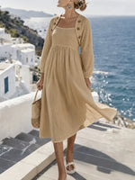 Robe midi en lin mélangé côtier ensoleillé avec boutons décoratifs