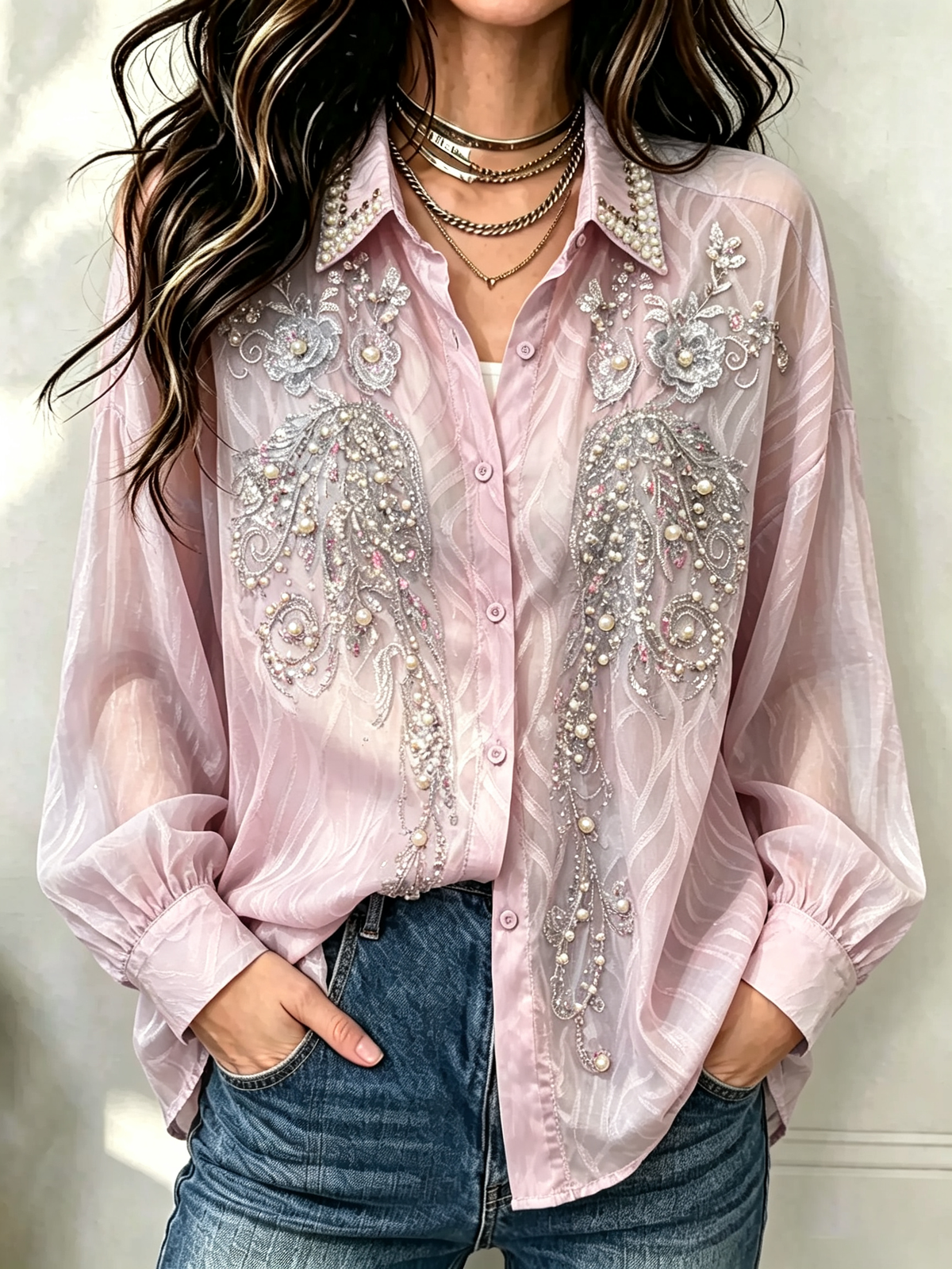 Blusa Transparente Feminina com Pérolas Decorativas