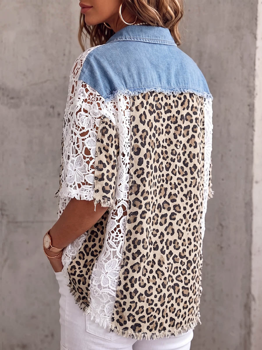 Vintage elegant patchwork denimskjorta med leopardmönstrade utskärningar