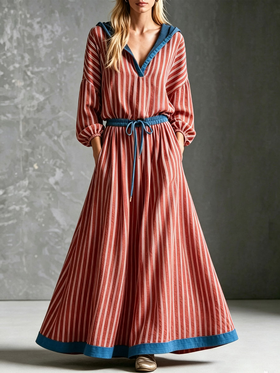 Robe longue décontractée en coton et lin à manches 3/4, à capuche, à rayures rétro et coupe ample