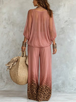Conjunto de pierna ancha con degradado y estampado de leopardo rosa para mujer