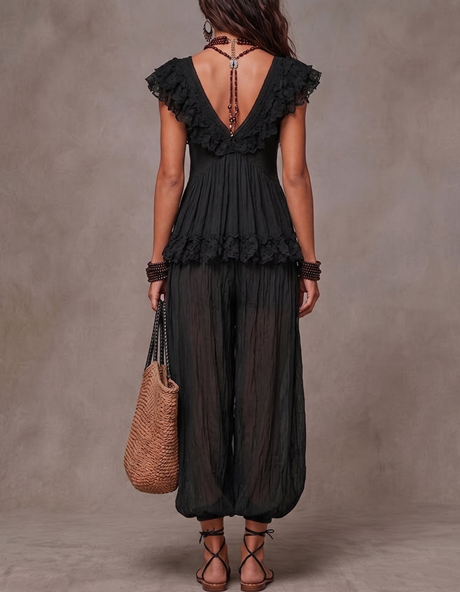 Completo donna stile bohemien con top in pizzo e pantaloni harem