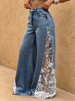 Jeans de pierna ancha con panel lateral de encaje para mujer